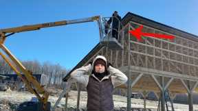 The Day I got STUCK in the Lift!!! Day 5 Building our 32x48 Off Grid Post & Beam Barn in the WOODS