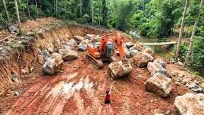 High Power Excavator Breaking Massive Rocks, Building A New House On A Steep Mountainside