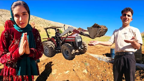 Fatima in the mountains trying to build a house with Arash's help