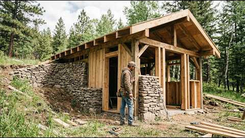 Turning a Grassy Hillside Into a Hidden Wood and Stone Cabin with an Earth Covered Roof  Full Build
